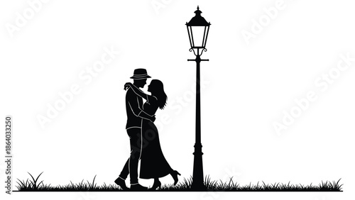 Romantic silhouette couple dancing under street lamp at night, love story illustration, elegant man woman embrace, minimal vector art design