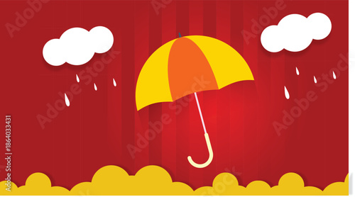 Bright Yellow Umbrella with Falling Raindrops and White Clouds in Cheerful Flat Vector Illustration for Weather Forecast Design.