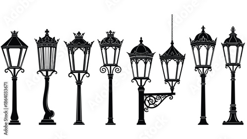 Vintage street lamp silhouettes collection, isolated black vector illustration, classic decorative outdoor lighting designs for urban city landscape elements use