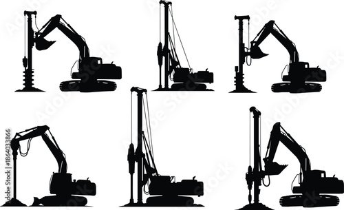 Heavy construction machinery silhouette set, hydraulic drilling rig and pile driver excavator vector illustration collection isolated on white background