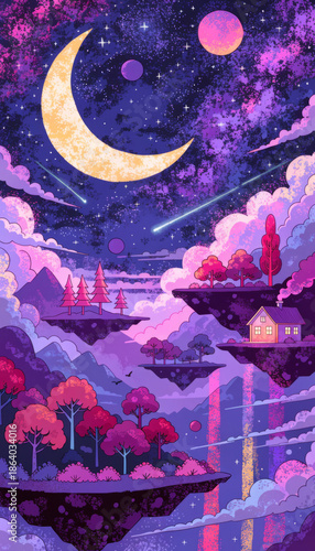 Surreal dreamscape with floating islands, vibrant colors, and mystical atmosphere