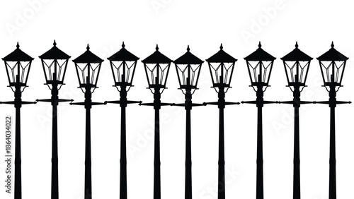 Vintage street lamp silhouettes pattern, isolated black vector illustration, classic outdoor lighting row design for urban city decoration use