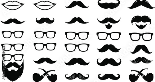 Hipster mustache and beard silhouette set, vintage glasses lips and smoking pipes vector illustration collection for photo booth props