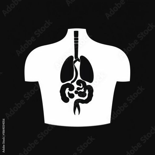 Human digestive system silhouette, flat vector medical illustration, solid black anatomy shape, centered composition, isolated on plain background