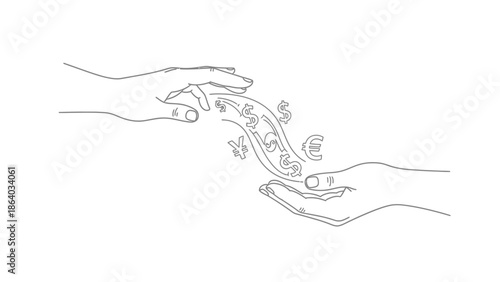 Hands exchanging money symbols in a symbolic gesture of financial transfer.