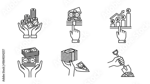 Collection of Icons Representing Financial Concepts and Money Handling.