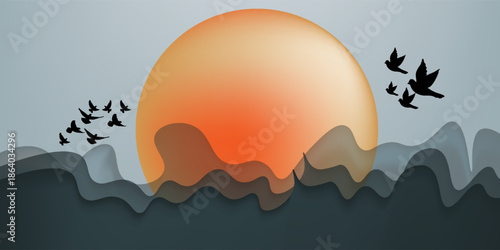 Art background with crane birds with line elements against the sun and hills in watercolor style. Abstract banner in a modern style for wallpaper, cover, poster,