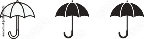 Umbrella icon set, black and white umbrella graphics, minimal umbrella design, rainy weather symbol, monochrome umbrella silhouette - flat vector illustration