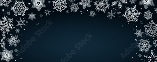 Snowflakes, white falling snow frame with copy space, border, background. Line drawing. Hand drawn vector illustration. Seasonal, winter design, blue backdrop, banner. Different shapes, ice crystals