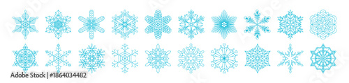 Snowflakes of different shapes collection, isolated on transparent background. Line drawing. Hand drawn vector illustration, editable stroke. Seasonal winter design element, falling snow clip art set
