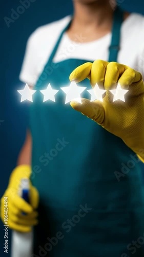Professional Cleaner Selecting Five Star Rating for Excellent Cleaning Service and Customer Satisfaction