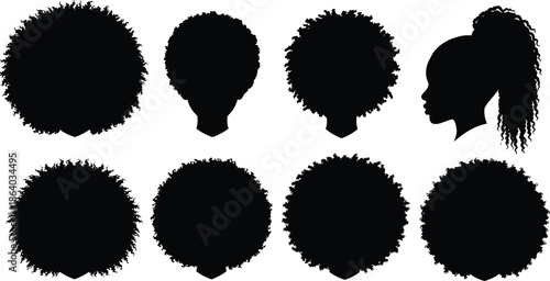 Set of black vector silhouettes containing African American hairstyles, including large afros and curly ponytail puff, isolated on white background