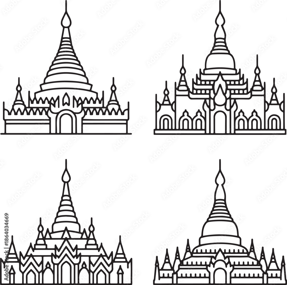 Obraz premium Set of Myanmar heritage Outline vector illustration isolated On Transparent Background