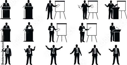 Set of black vector silhouettes of businessman speaker standing at podium, giving presentation with whiteboard, isolated on white background