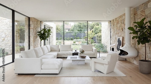 Bright and Spacious Modern Living Room with White Furniture and Stone Wall Overlooking Green Garden