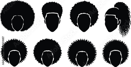 Set of black vector silhouettes featuring African American men and women heads with afro curly hairstyles, isolated on white background