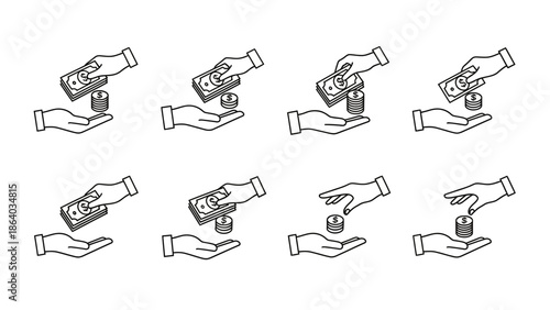 Hand giving money to another hand illustration set.