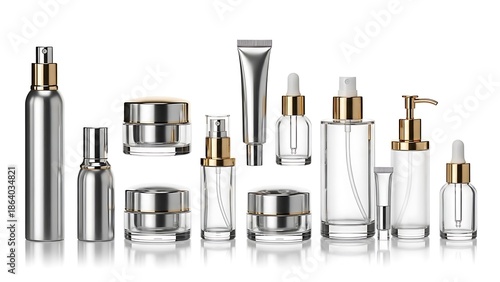 Cosmetic bottles and containers with gold and silver caps glass