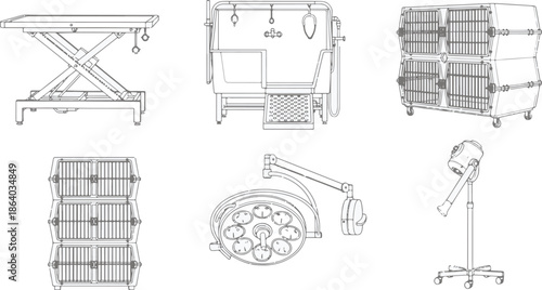 Medical equipment collection, illustration style, meticulously depicted, representing essential instruments in healthcare. The image is clean and clinical.