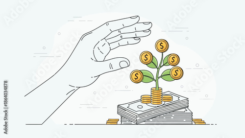 Hand protecting a money tree growing from a stack of cash.