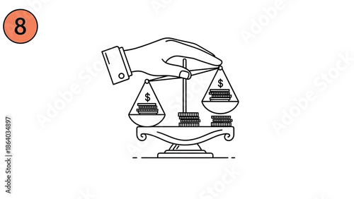 Hand balancing stacks of coins on a scale representing financial equality.