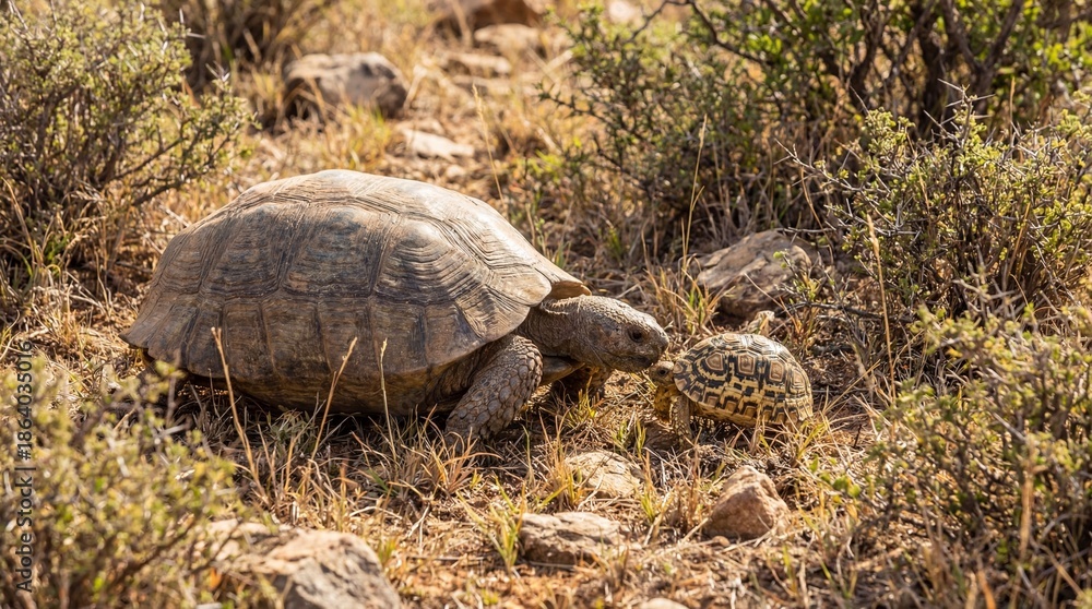 Fototapeta premium Tortoise Encountering Leopard Tortoise in a Natural Desert Habitat with Sunlit Landscape