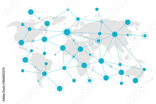 Global transportation and supply chain management, Abstract concept with a world map as background and interconnected icons.