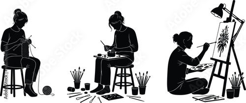 Set of black vector silhouettes of women engaged in hobbies like knitting, pottery sculpting, and painting on canvas isolated on white