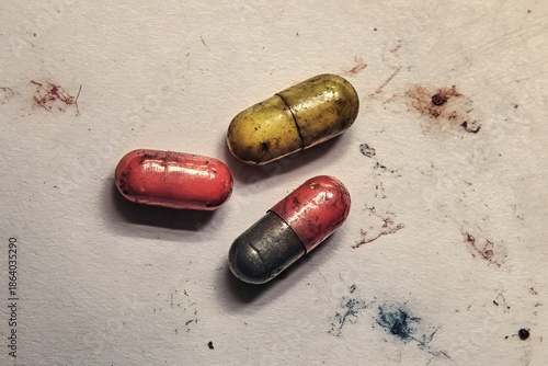 Colorful capsules in red, yellow, and black lying on a textured surface, showcasing pharmaceutical products and their vibrant appearance in a clinical setting