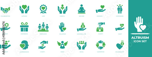 Altruism icon set collection. greatness,caring, friendship, trust, support, charity, welfare, kindness, assistant, help and best solid icon set.