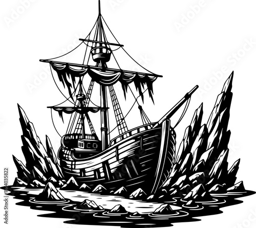 Beached shipwreck silhouette vector illustration