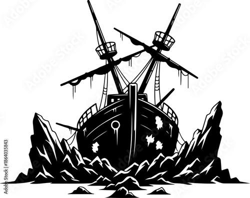 Beached shipwreck silhouette vector illustration