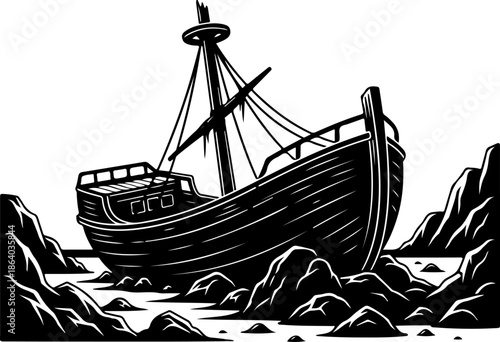 Beached shipwreck silhouette vector illustration