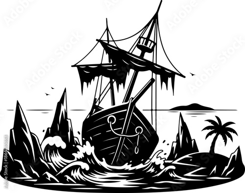 Beached shipwreck silhouette vector illustration