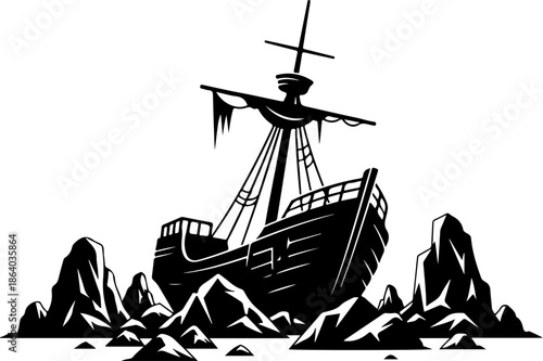 Beached shipwreck silhouette vector illustration