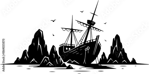 Beached shipwreck silhouette vector illustration