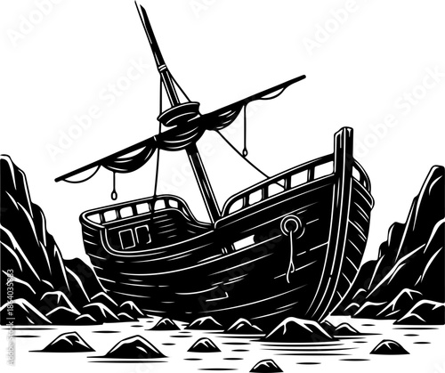 Beached shipwreck silhouette vector illustration