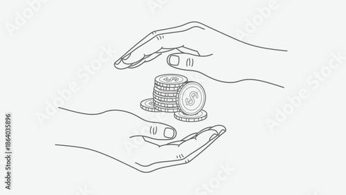 Hands Protecting Stack of Coins Financial Security Concept Line Art.