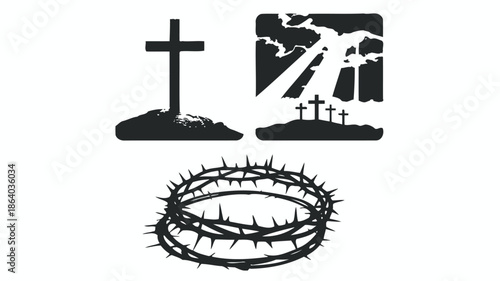 Powerful black silhouette illustrations featuring Christian crosses on mounds and a crown of thorns