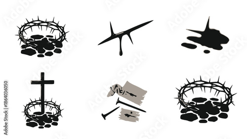 Powerful grayscale illustrations depict elements of Christs sacrifice including crowns of thorns, nails, blood, and the cross