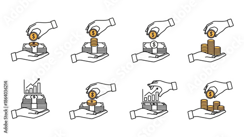 Hand placing coins on a stack of money in various stages of growth.