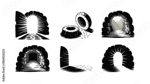 Six black and white illustrations featuring stone arches and tunnels with light, alongside rolling stone discs