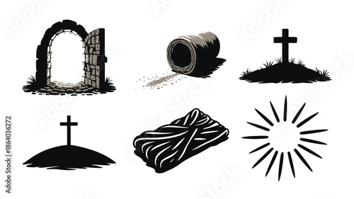 Six detailed Christian and Easter symbols including an empty tomb, crosses, burial cloth, and light rays