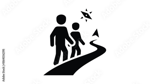 a simple black and white illustration depicts a parent and child walking along a winding path upwards