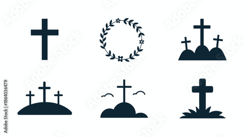 This collection displays six diverse icons of Christian crosses and a leafy wreath on a light grey backdrop