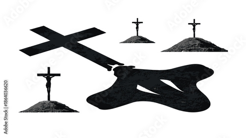 Textured black cross next to an organic liquid shape and three crosses with crucified figures
