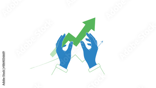 Hands holding a green upwardtrending arrow graph symbolizing business growth and success.