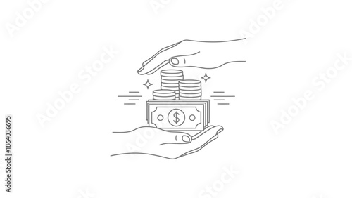 Hands protecting stack of coins and banknote symbolizing financial security.