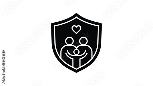 A black shield icon featuring a stylized family with two parents and a child topped with a heart