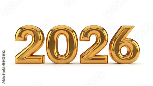 Golden 3D numbers 2026 on white background, shiny and reflective